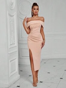 ADYCE Elegant One Shoulder Pleated Front Slit Backless Midi Party Dress For Prom Birthday Party Evening Date Homecoming Party Wedding Guest Cocktail Reception Family Festival - Apricot - View 8