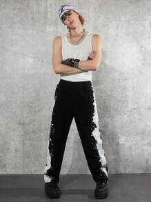 Manfinity Denimwave Men's Personalised Black Denim Pants, Wide Leg Cut, Unique Ink Splatter Print, Y2K Streatwear Fashion, Crafted For Street Style Aficionados Seeking Bold And Artistic Looks.