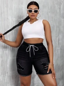 SHEIN SXY Plus Size Summer Casual Slim Fit Distressed Denim Shorts
