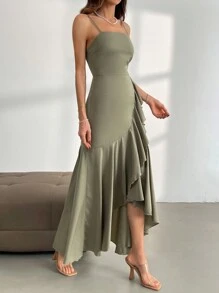 Firerie Vestido de tirantes finos con volantes, dobladillo asimétrico y elegante color verde para mujer en verano
