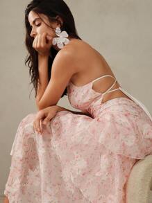 Anewsta Romantic Vacation Layered Ruffle Pink V-Neck Backless Bow-Tie 3D Floral Print Fabric Dress For Women