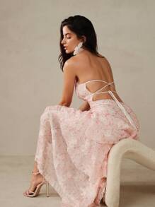 Anewsta Romantic Vacation Layered Ruffle Pink V-Neck Backless Bow-Tie 3D Floral Print Fabric Dress For Women