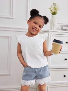 SHEIN Young Girls' White Top And Blue Denim Shorts 2-Piece Set - Blue and White - View 3