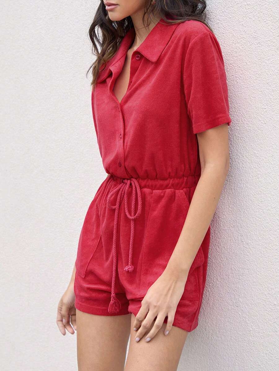 COSMINA 女性夏季休閒純色束腰連身褲 - 紅色 - 查看 1