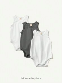 Cozy Pixies Bộ đồ liền thân 3 món cổ tròn không tay dệt kim mềm mại, thoải mái, thân thiện với da cho bé trai - trắng - Xem 1