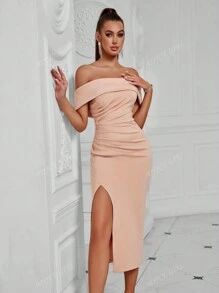 ADYCE Off Shoulder Geplooide Voorkant Split Rugloos Feest Avondjurk Elegante Cocktail Semi-Formele Prom Bruiloft Gastjurk, Voor Verjaardag, Afstuderen, Diner, Thuiskomst