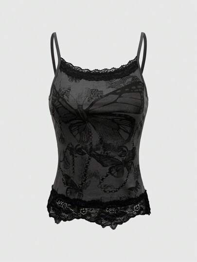 Fairycore Women Vintage Butterfly Printed Lace Patchwork Camisole Top For Summer