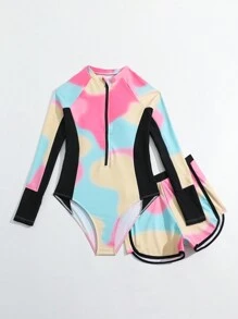 SHEIN Teen Girl Colorful Printed One-Piece Swimsuit With Half Zipper And Swimming Trunks