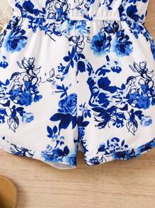 SHEIN Young Girl Floral Printed Cinching Waist Romper For Vacation And Leisure