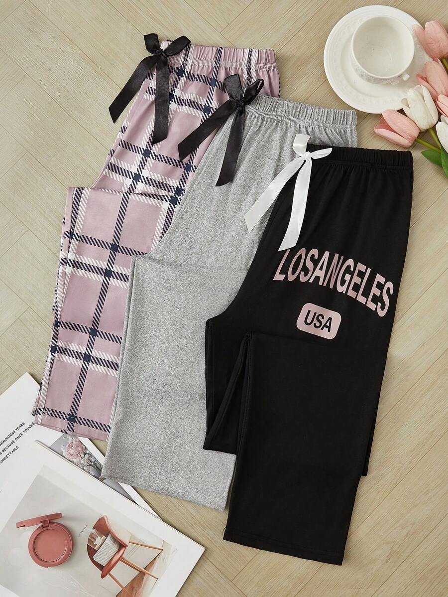 Women Fashion Letter & Plaid & Solid Color 3pcs Pajamas Pants Set, Fall Winter Clothes - Multicolor - View 1