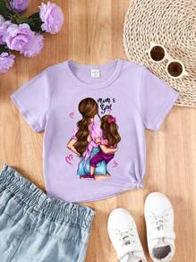 Young Girls Casual Mother And Daughter Back Print Short Sleeve Summer T-Shirt Mommy And Me Matching Outfits (2 Pieces Are Sold Separately) - Mauve Purple - View 1
