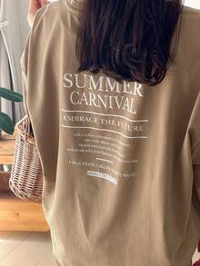 FRIFUL Women Round Neck Letter Printed Summer Casual T-Shirt - Khaki - View 7