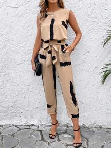 SHEIN Clasi 女性夏季刷花印花圓領無袖襯衫和褲子休閒套裝 - 卡其色 - 查看 6