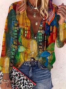 油畫印花加大款鈕扣衫