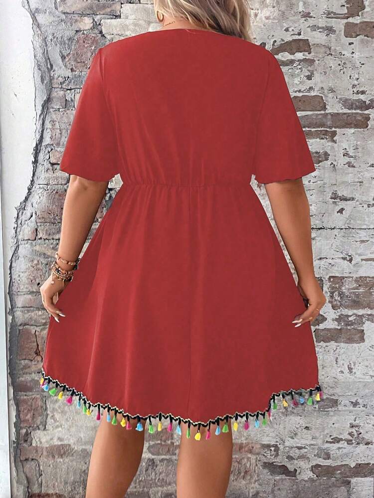 Plus Size V-Neck Floral Embroidered Fringe Decorated Short Sleeve Dress