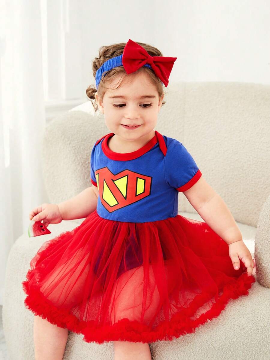 SHEIN Baby Girl Cute And Fun Heart And Letter Pattern Contrast Mesh Bodysuit , Suitable For Spring And Summer Outings - Navy Blue - View 1