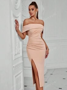 ADYCE Off Shoulder Geplooide Voorkant Split Rugloos Feest Avondjurk Elegante Cocktail Semi-Formele Prom Bruiloft Gastjurk, Voor Verjaardag, Afstuderen, Diner, Thuiskomst