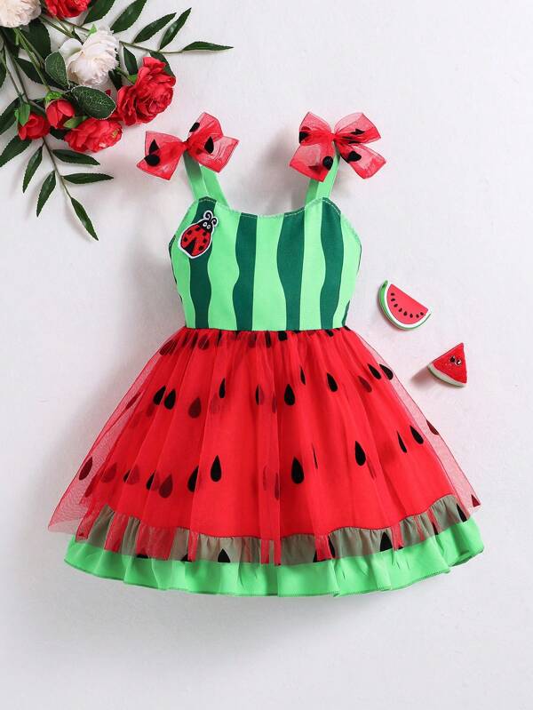SHEIN Baby Girl's Cute Watermelon Shaped Flocked Mesh Dress With Shoulder Straps