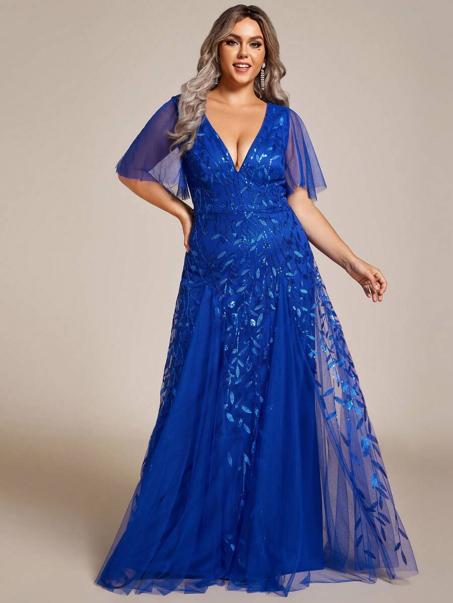 EVERPRETTY Plus Size Sequin Embroidered Deep V-Neck Mesh Wedding Dress - Royal Blue - View 1