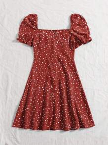 SHEIN VCAY Women Random Polka Dot Print Square Neckline Dress - Rose Red - View 2