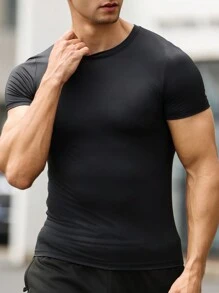 Camiseta deportiva de compresión de manga corta de color liso, estilo boyfriend para hombres