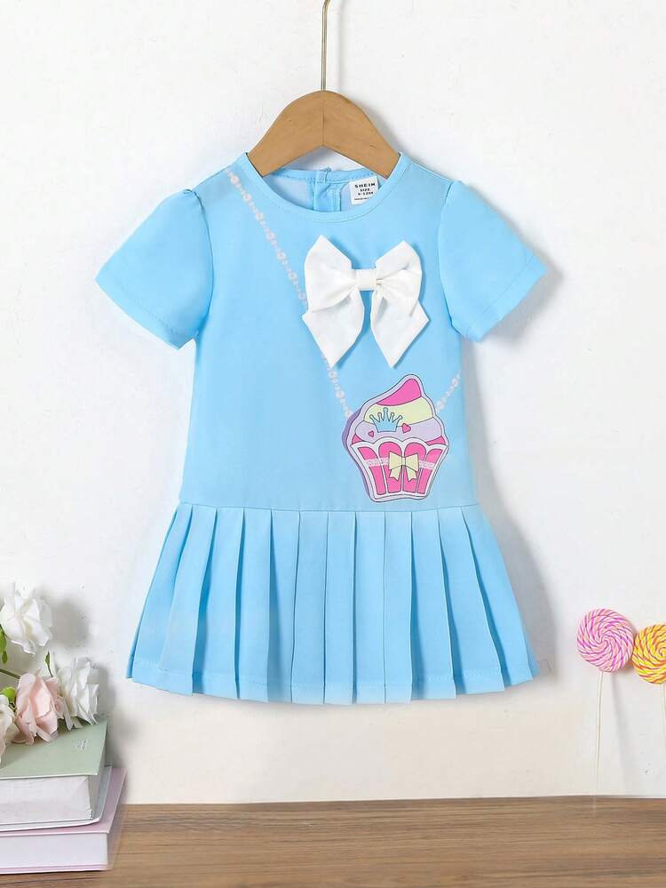 Baby Girl Bag Print Bow Decor Pleated Hem Summer Dress