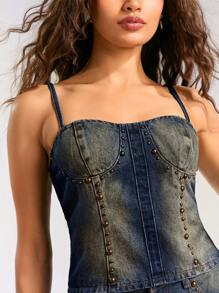 Forever 21 Vintage Summer Tight-Fitting Denim Cami Top With Metal Studs And Beads Embellishment - Blue - View 9