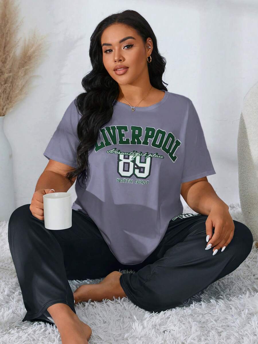 大尺碼字母印花休閒春夏短袖T恤和褲子睡衣套裝 - 灰色 - 查看 1