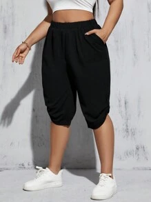 SHEIN Essnce Women Plus Size Black Button Closure Capri Pants For Spring And Summer - Black - View 6