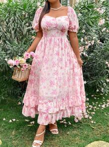 SHEIN LUNE Große Größen Boho Sommer Romantisches Chiffon Blumen Muster Kleid mit Rüschen und Saum für Damen - Pink - Übersicht 4