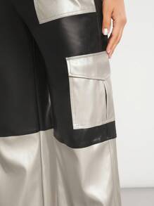 Hauture Colorblock Flap Pocket Side PU Leather Pants - Multicolor - View 6