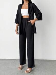 EURMUSE Solid Drop Shoulder Kimono & Pants - Black - View 1