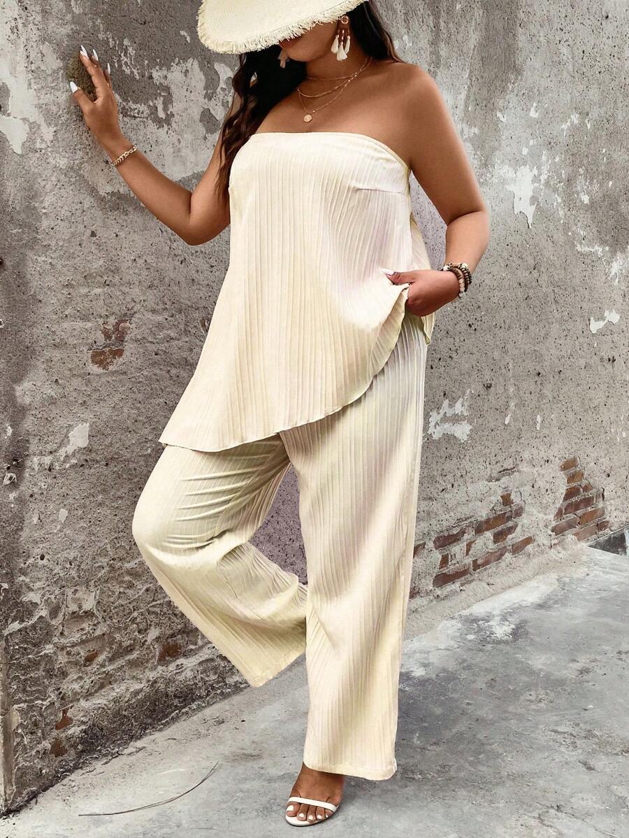 Celure Plus Size Vrouwen Modieuze Asymmetrische Snit Tube Top & Broek Tweedelige Set - Abrikoos - Bekijken 1