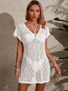 SHEIN X Clarissa Marchese SHEIN Swim Women's V-Neck Solid Color Fashionable Hollow Out Cover Up Summer - White - View 5