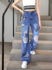 Garota Adolescente Estampas De Borboletas Jeans Rasgado
