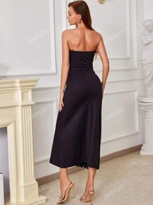 Vestido elegante de cóctel ajustado con lentejuelas y parches en malla sin tirantes para mujer, vestido formal de gala