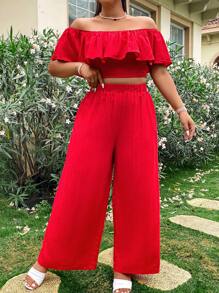 SHEIN SunnyBelle 大尺碼肋紋露肩短上衣和褲子套裝 - 紅色 - 查看 4