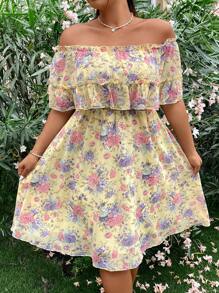 Sunnyshic Plus size off-shoulder bloemenprint romantische vakantiejurk