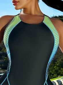 Swim SPRTY Women Beach Holiday Color Block Round Neck Simple Casual One-Piece Swimsuit Shorts,Summer Beach - Black - View 5