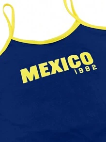 INAWLY 女性時尚印花字母對比邊縫細肩帶背心上衣