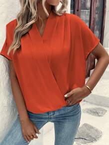 SHEIN Clasi Dam enkel enfärgad kortärmad skjorta med v-ringad - Orange - Visa 4