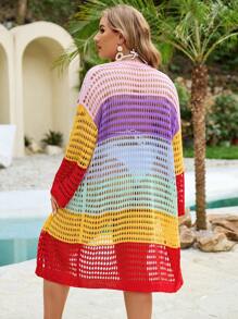 SHEIN Swim Curve Plus Size Hollow Out Knitted Kimono With Color Block Design, Ideal For Summer Beach And Swimming Pool - Multicolor - View 2