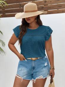 SHEIN Frenchy Camiseta de talla grande de manga corta con cuello redondo, bordado hueco, pliegues y encaje para el verano - azul real - Ver 7