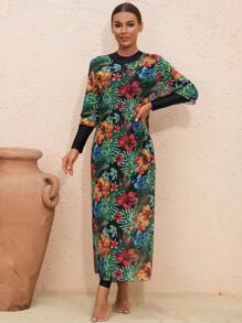 Swim Mulvari 4入組穆斯林女性海灘服套裝 - 圓領純色長袖上衣，褲子，花卉印花長袍和純色頭巾布製泳裝，夏季海灘必備 - 彩色 - 查看 5