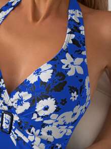 SHEIN Swim Women Floral Print Halter Neck Swimsuit With Ruched Detail For Mature And Charming Look, Perfect For Vacation,Summer Beach - Multicolor - View 5