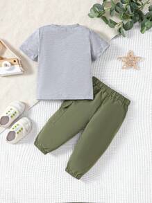 SHEIN Playful Pals Baby Boys' Letter Print Top And Solid Color Pants Set