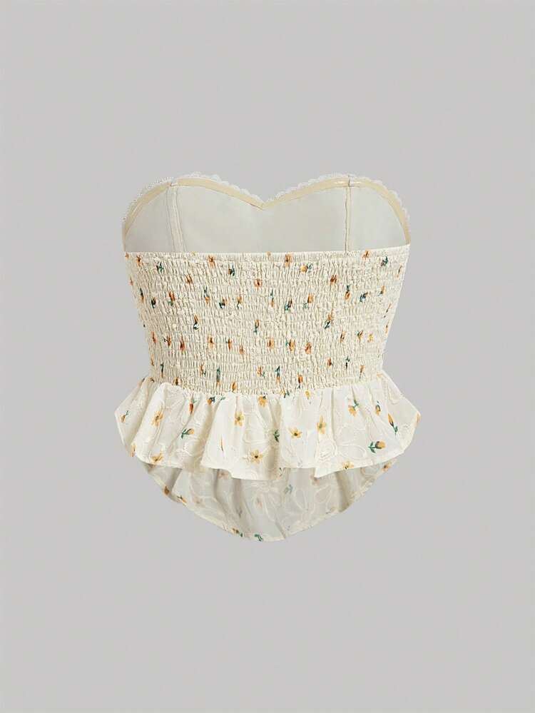 Apricot Background Printed Jacquard Texture Ruffles Hem Summer Vacation Style Strapless Tube Top