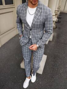 Manfinity Mode Men's Fashionable Plaid Suit Set - Grey - View 7