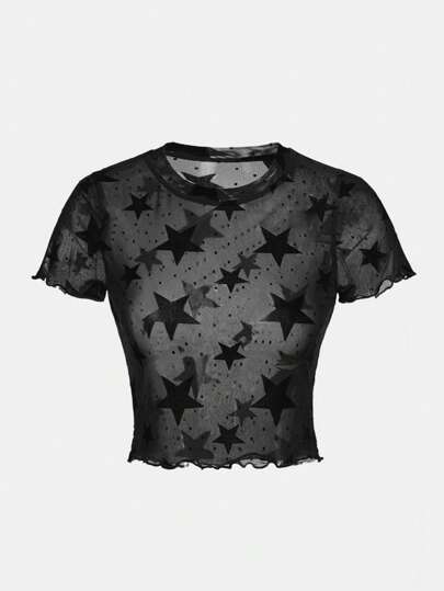 SHEIN Girlism 少女暗黑街头时尚星空网眼透视紧身上衣和吊带背心套装