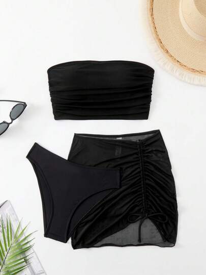 SHEIN Swim Conjunto de bikini de tubo solido con fruncido simple para playa de verano para mujeres, set de 3 piezas